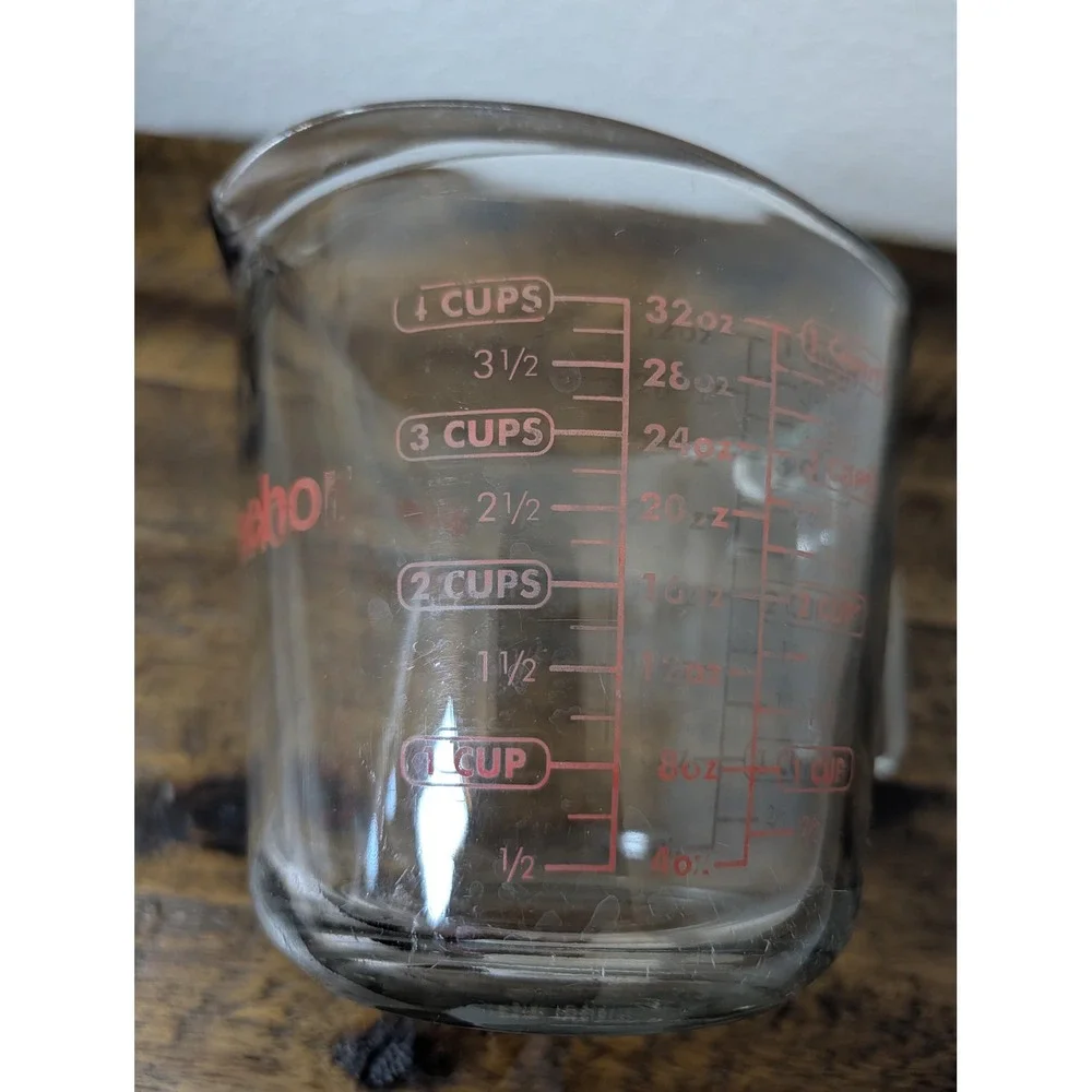Vintage Anchor Hocking 4-Cup Glass Measuring Cup | Red Lettering 1-Quart | USA